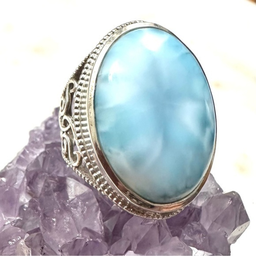 Blue Larimar Large Oval Cabochon Sterling Silver Ring